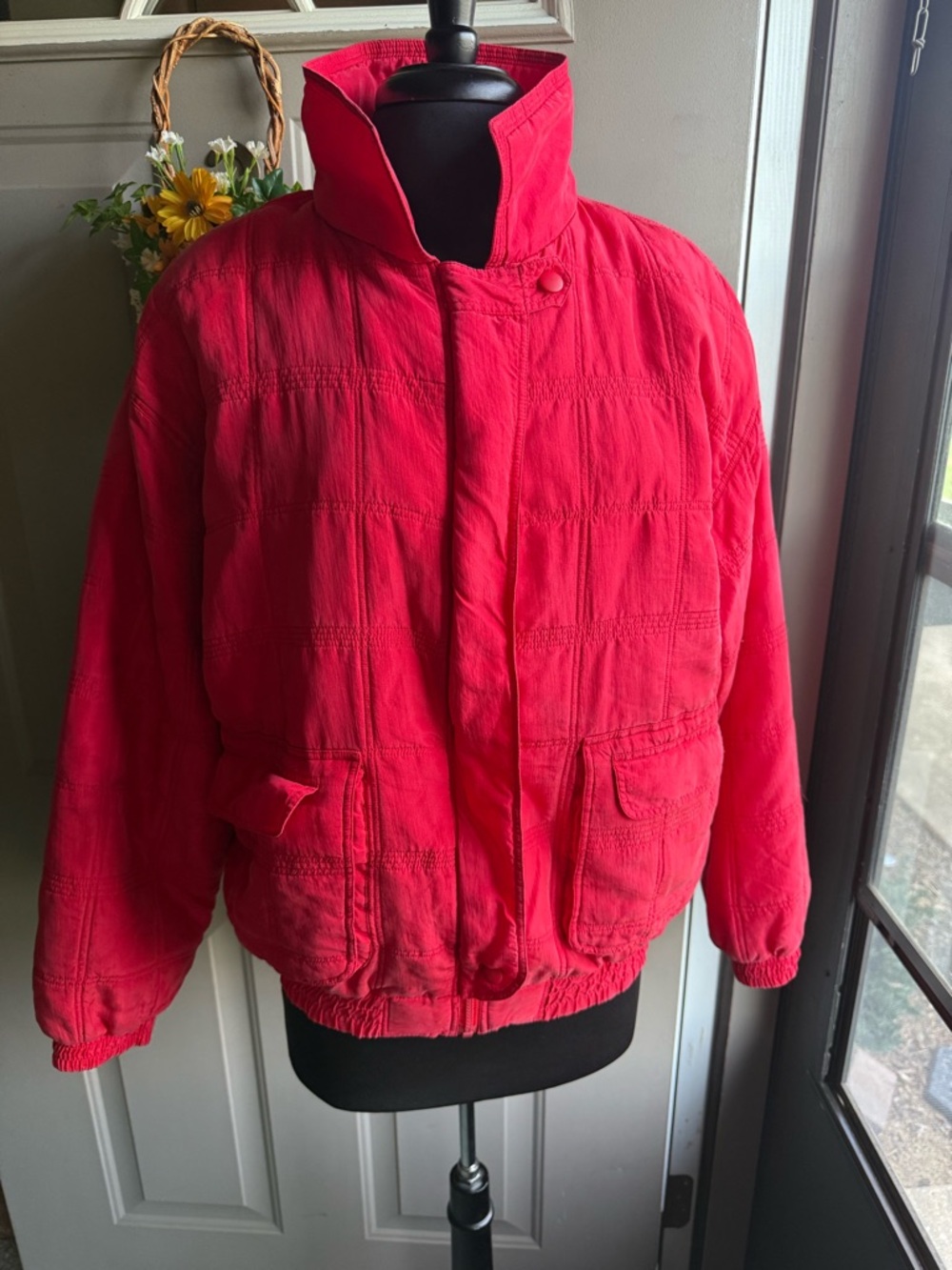 Vintage 90s Levone red silk bomber jacket, size large